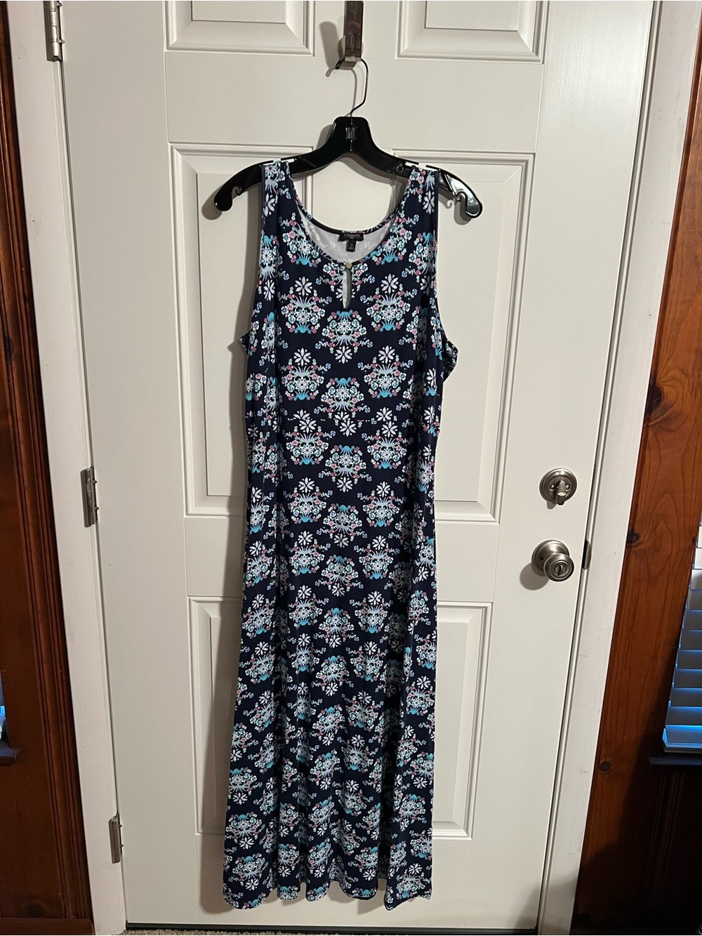 Talbots Navy Floral Sleeveless Maxi Dress with Light Blue and White Accents